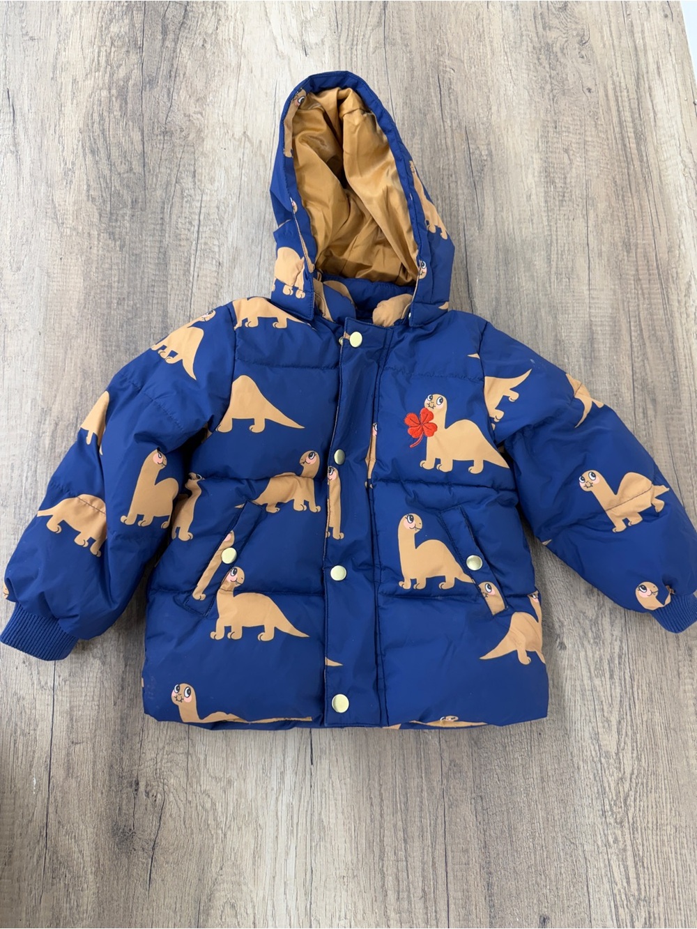 Mini Rodini Blue and Tan Dinosaur Hooded puffer Jacket 1.5-3 years